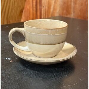 Bosmarlin Ceramic Cappuccino Cup & Saucer Set Tan Cream Reactive Glaze Stoneware